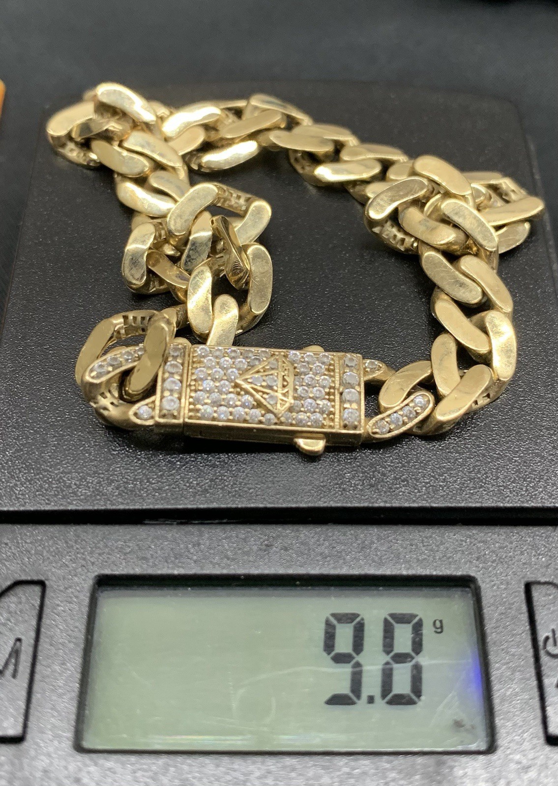 10k Yellow Gold Miami Cuban Link Cluster Pave Padlock Chain Bracelet 8” 8mm 9.8g