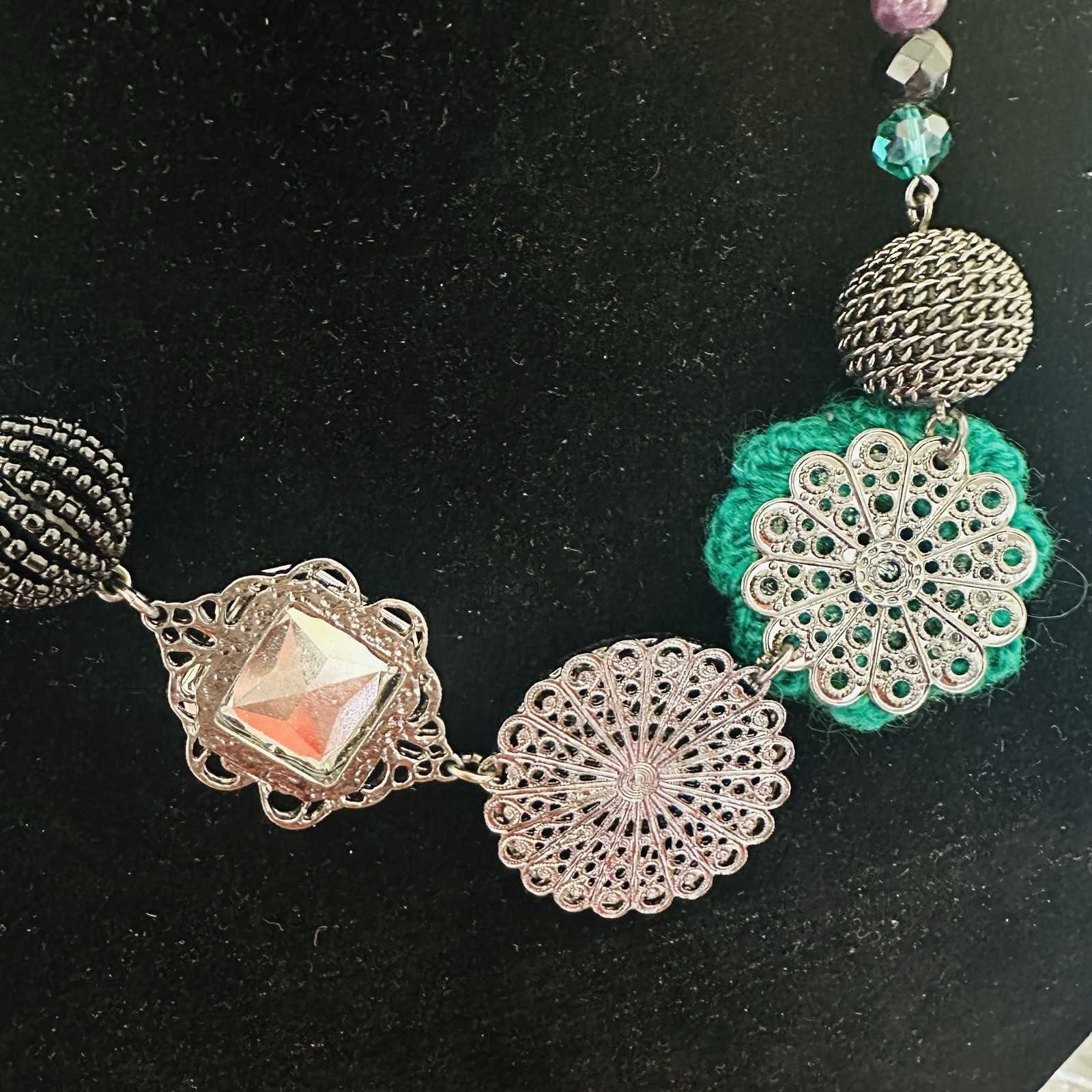 Mixed Media Necklace Purple And Green Crocheted Beaded Chain 21” Adjustable