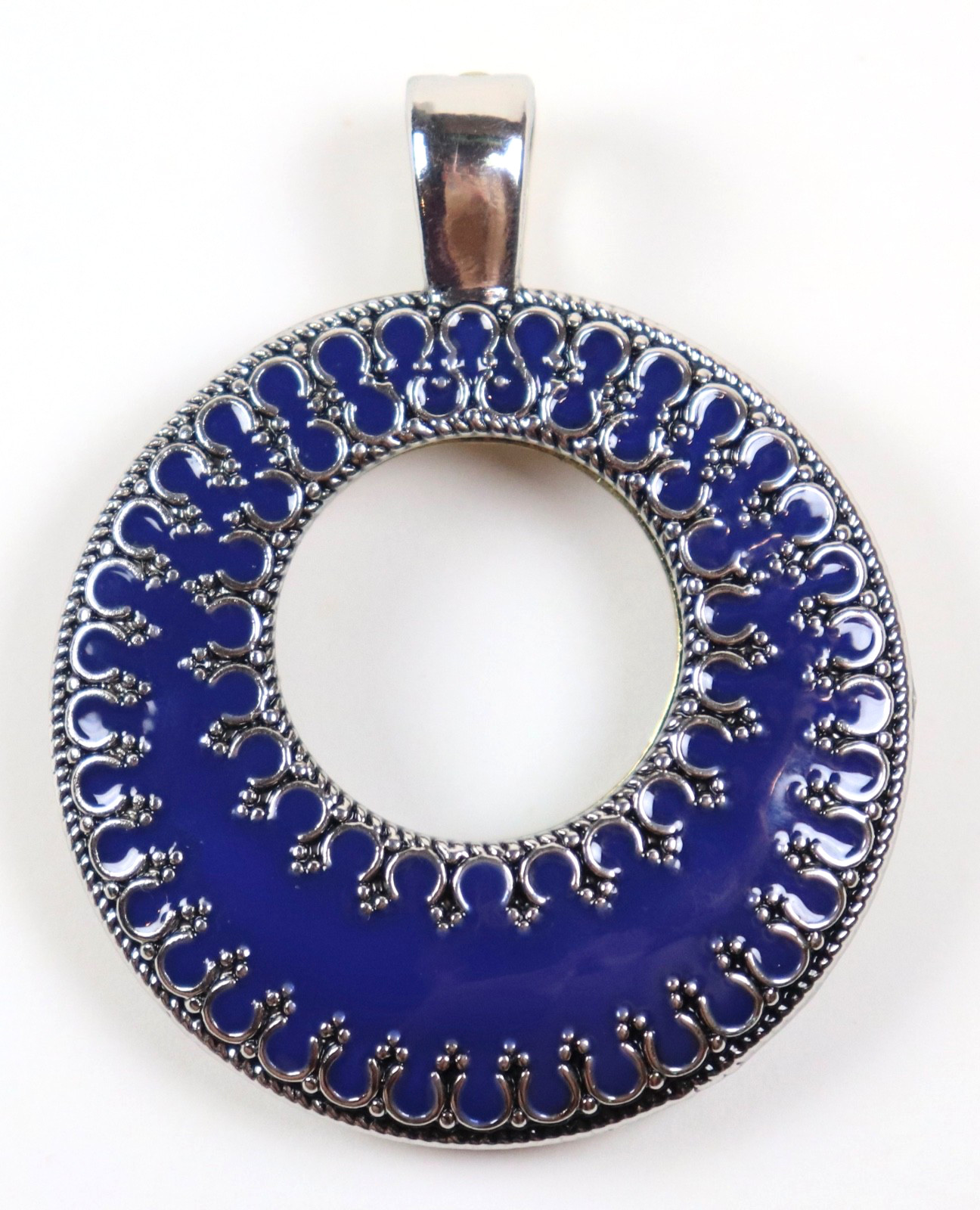 Large Round Silver & Gold Tone Reversible Pink & Purple Statement Pendant Open