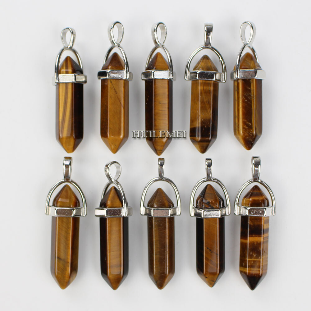 10pcs Natural Tiger’s Eye Stone Hexagonal Pointed Reiki Chakra Pendant Bead