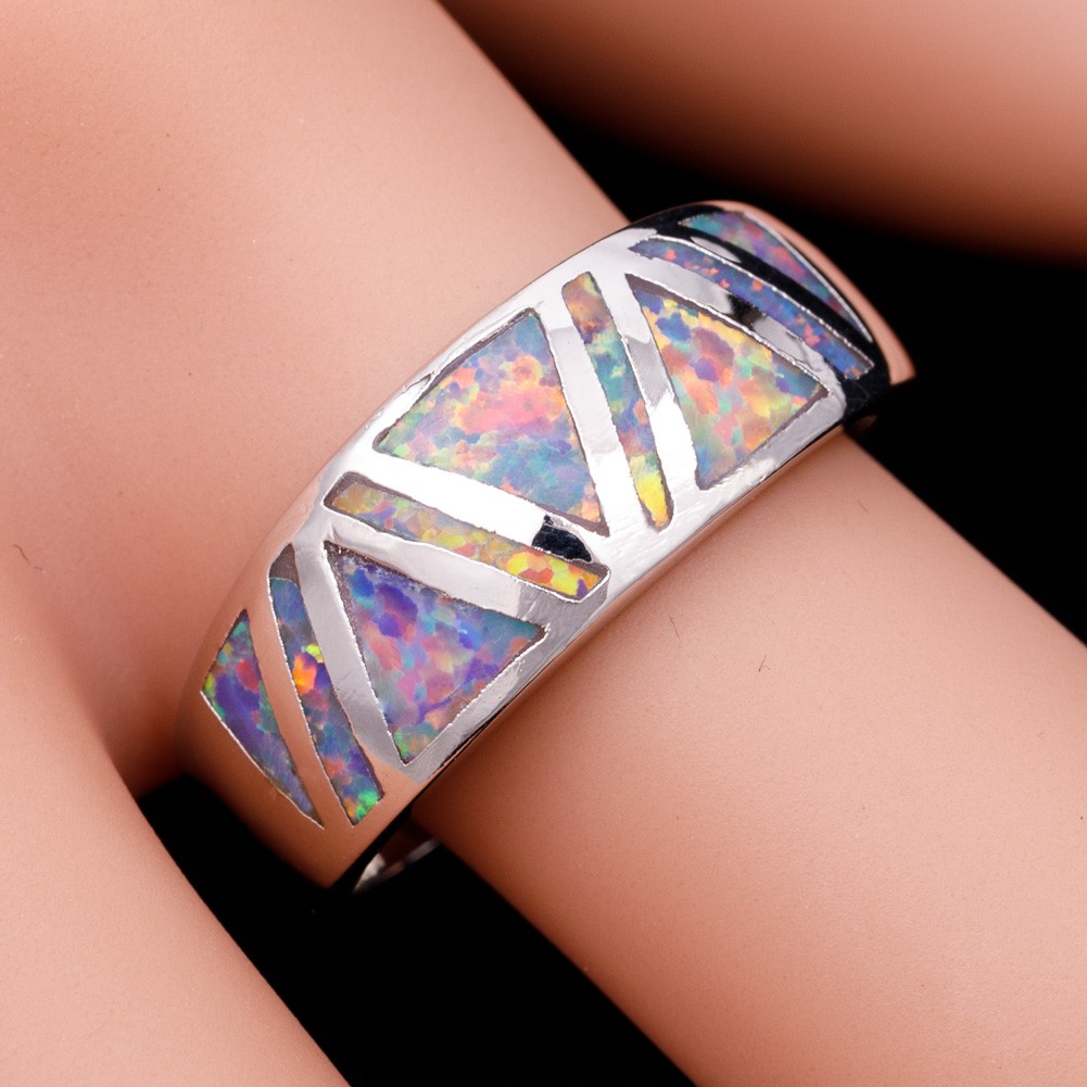 Triangle Lavender Purple Fire Opal Silver Jewelry Women Band Ring Size 7 8 9 10