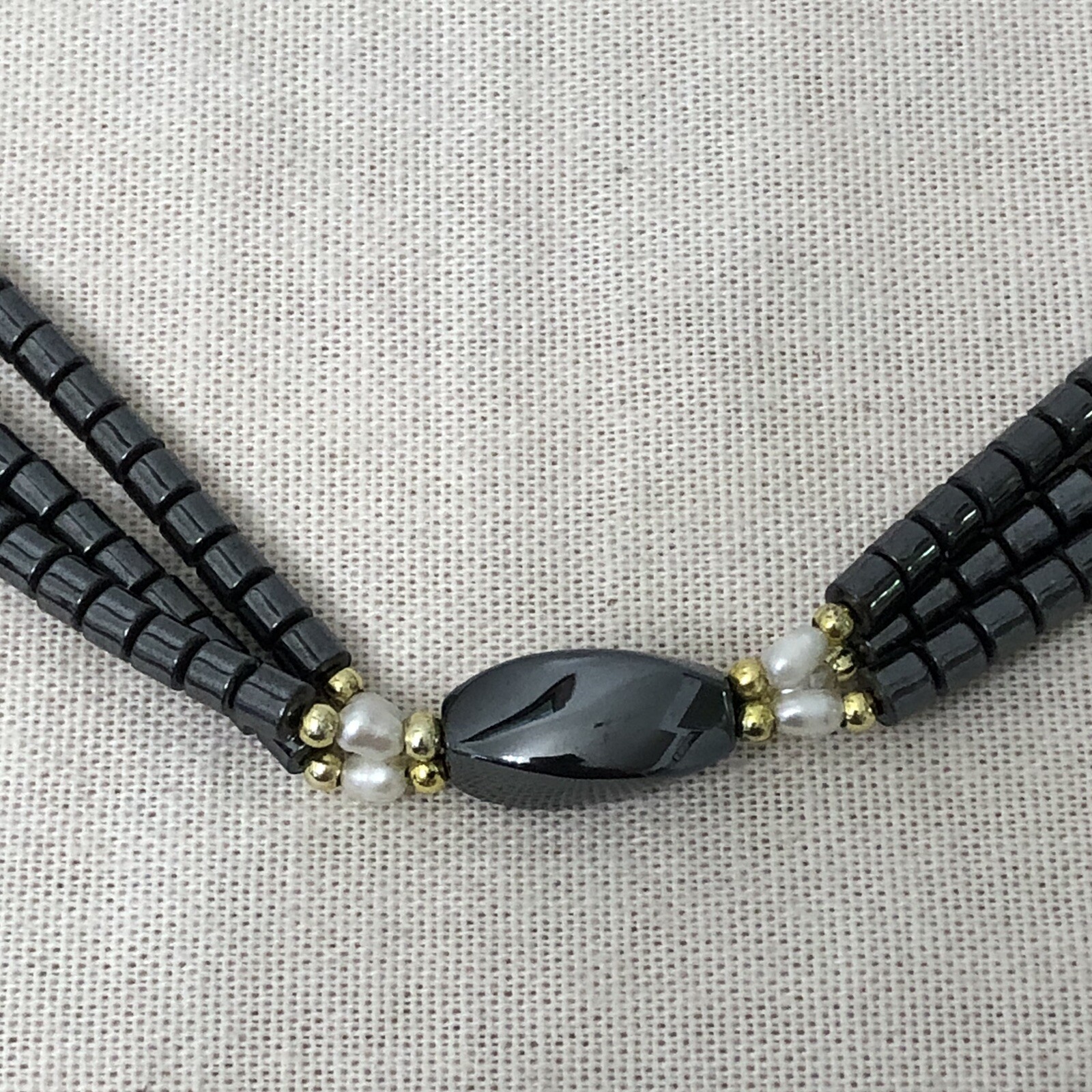 Triple Strand Hematite Stone Necklace Faux Pearls & Goldtone Spacers Length 32”