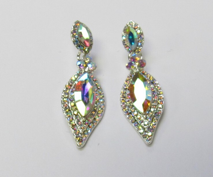 Silver Sparkle Iridescent Rhinestone Crystal Dangle Earrings Wedding Prom #456