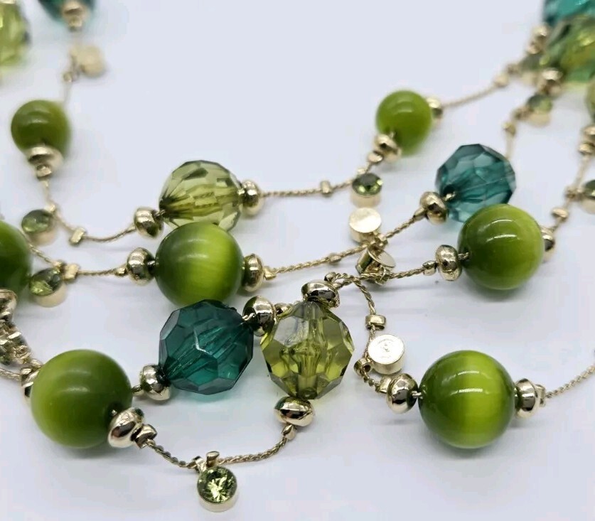 Green & Gold Beaded Layered Necklace Gold Tone 4 Row Faux Cat Eye 18 in