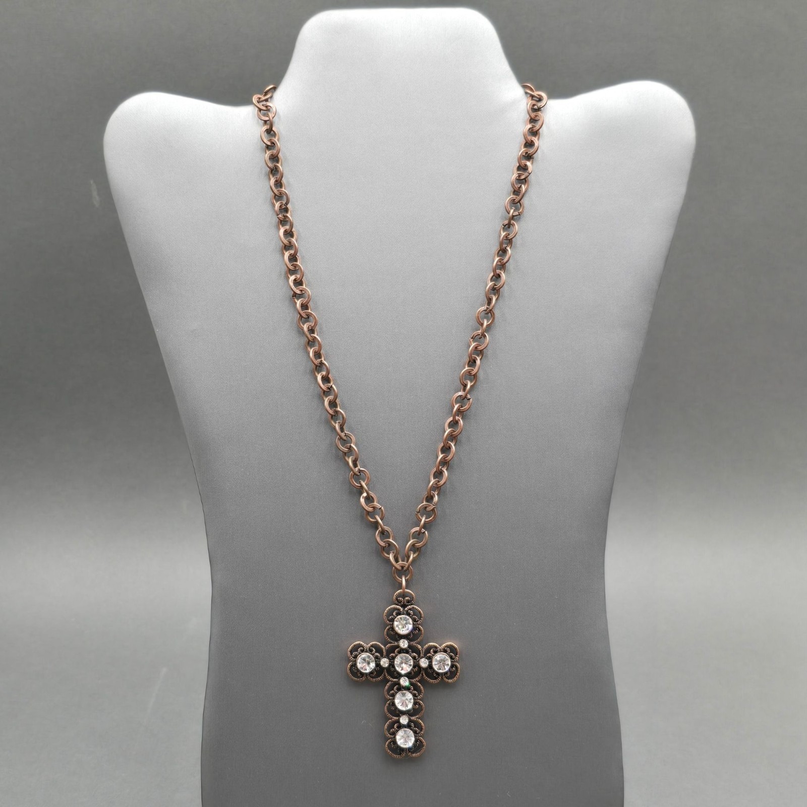 Etruscan Revival Copper Plated Stainless Steel Cross Pendant Necklace Rhinestone