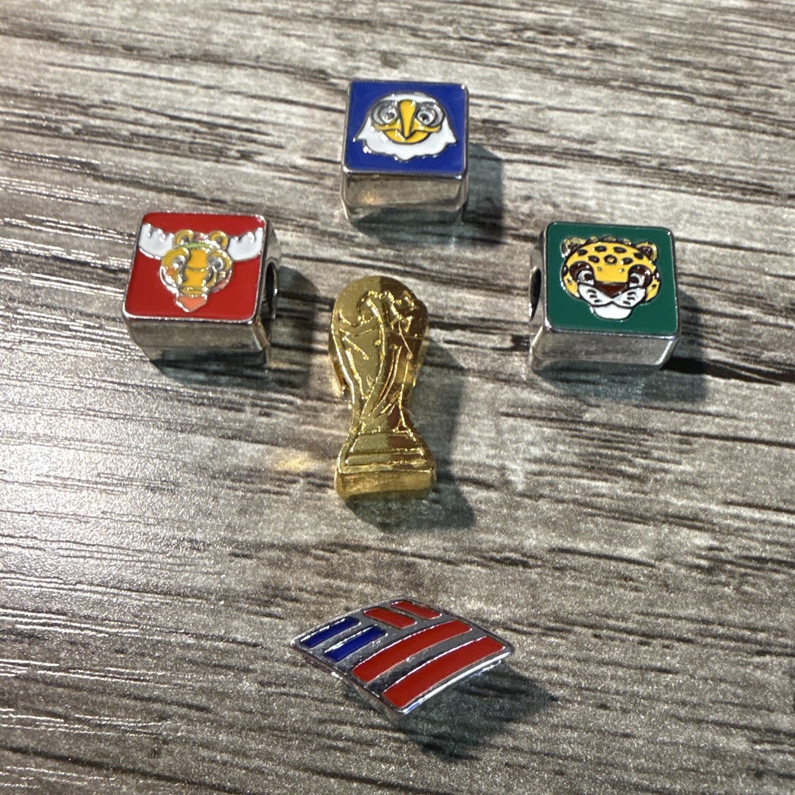 FIFA Charm Set of 5 BoA Logo, World Cup Trophy, host country mascots.