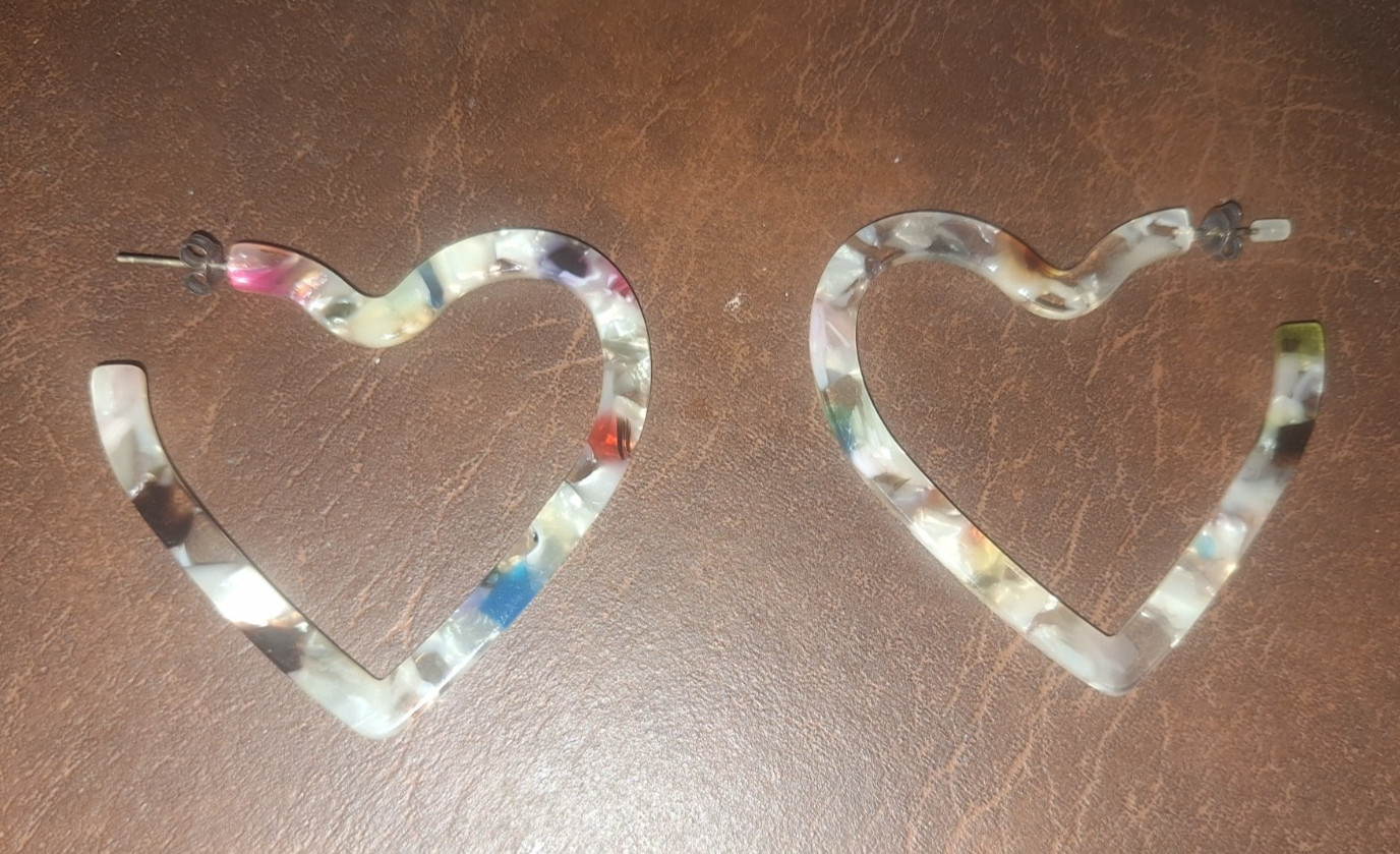 Open Heart Large Multicolor Tortoiseshell Pattern Resin Pierced Hoop Earrings