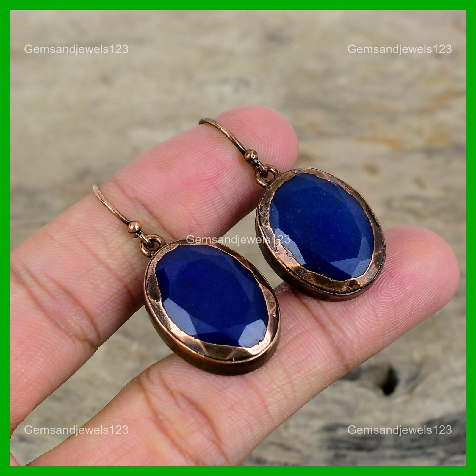 Natural Blue Sapphire Copper Mother Electroformed Drop Bezel Wedding Earrings