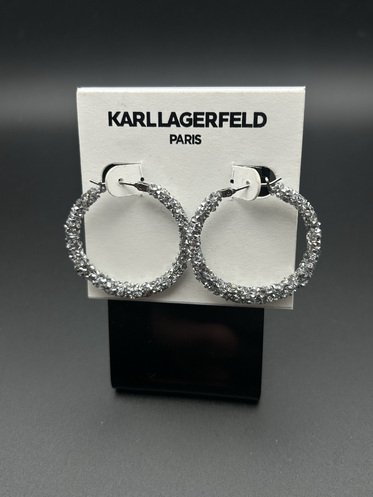 Karl Lagerfeld Silver Crystal Hoop Earrings Hinged Closure, Metal