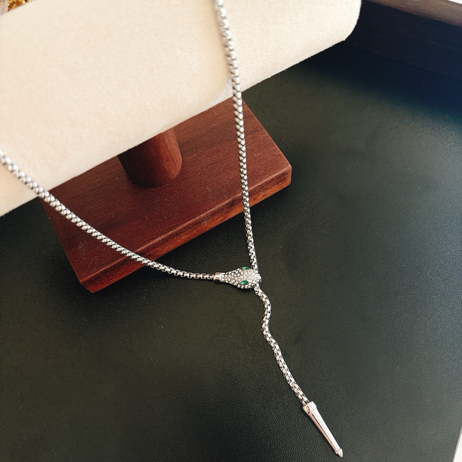 Silver Tone Snake Lariat Necklace 65cm Stainless Steel 18K White Gold Plated CZ