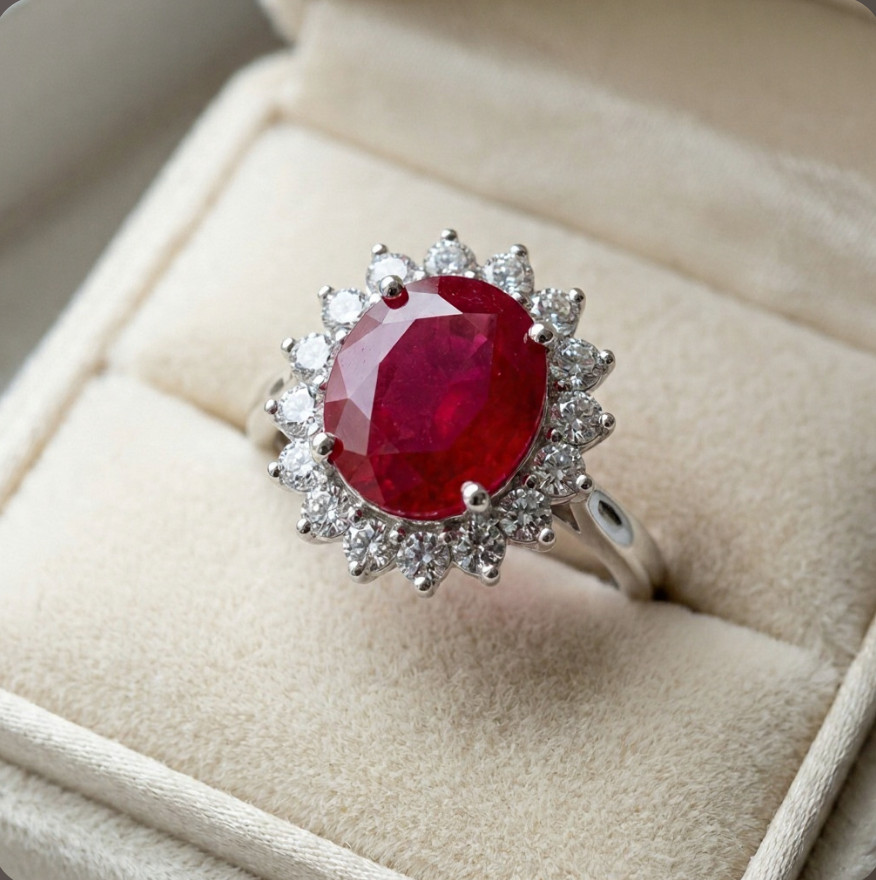 925 Sterling Silver Halo Setting Red Cubic Zirconia Ring Oval Cut Gemstone
