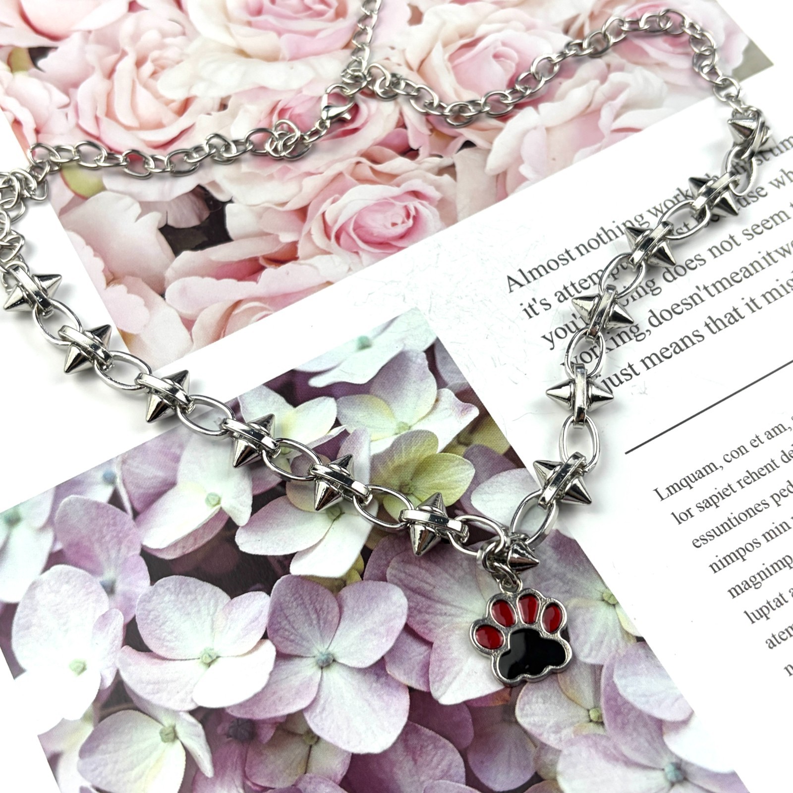 Rebellion Plump Cat Paw Rivet Necklace Red Black Y2K Punk Jewelry 18″ NWOT
