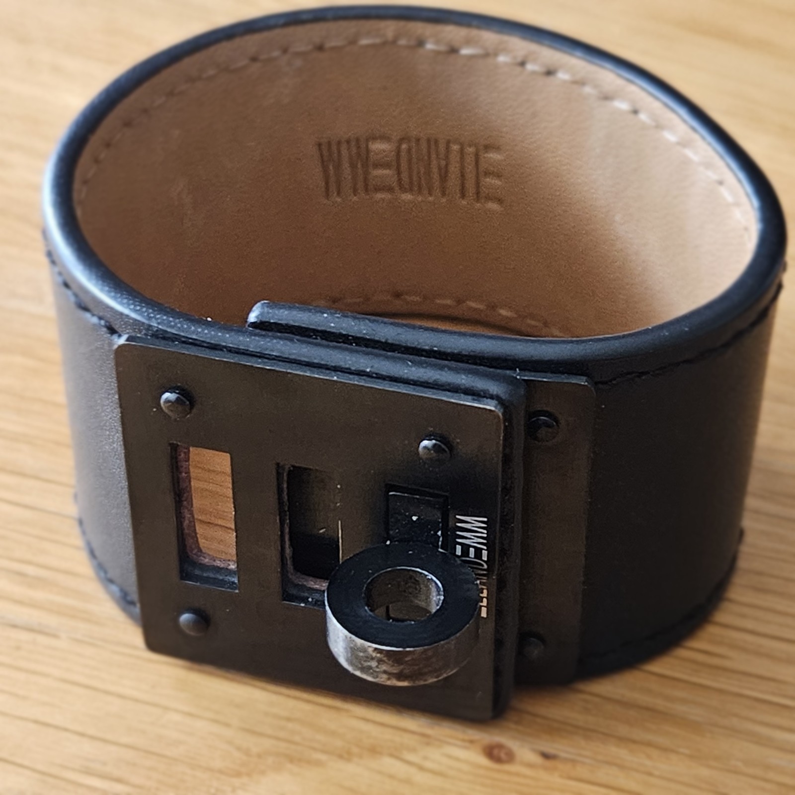 So Black Leather Cuff Bracelet with Black Metal Hardware Clasp