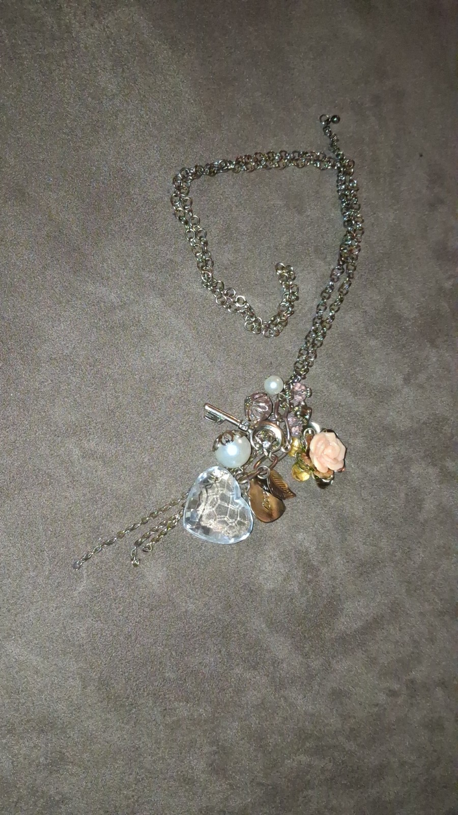 Silver Tone Cable Chain Necklace w/ Clear Round Crystal Heart Charm Pendant