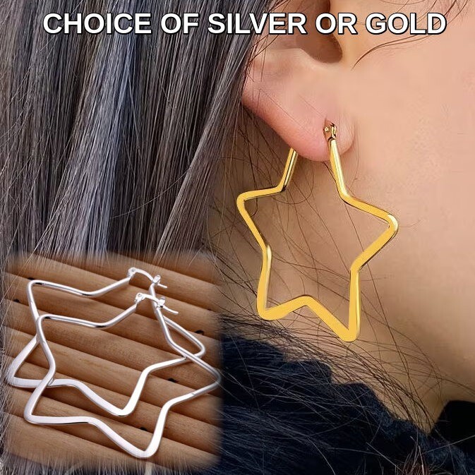 STAR HOOP EARRINGS 24K Gold or Silver Stainless Steel 5.5 cm + Pouch