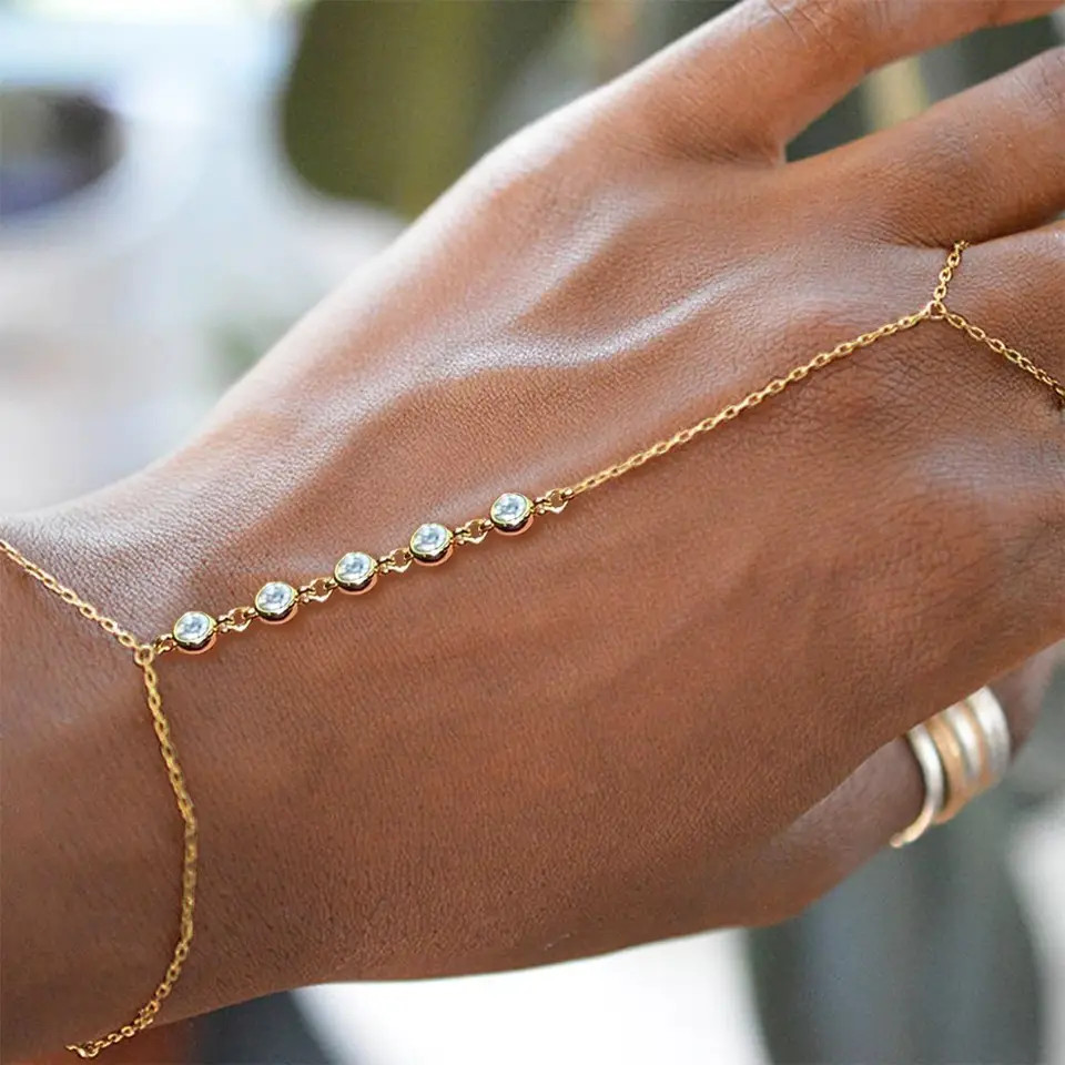 Stainless Steel Hand Chain Bracelet Women Zircon Beaded Link Ring Jewelry