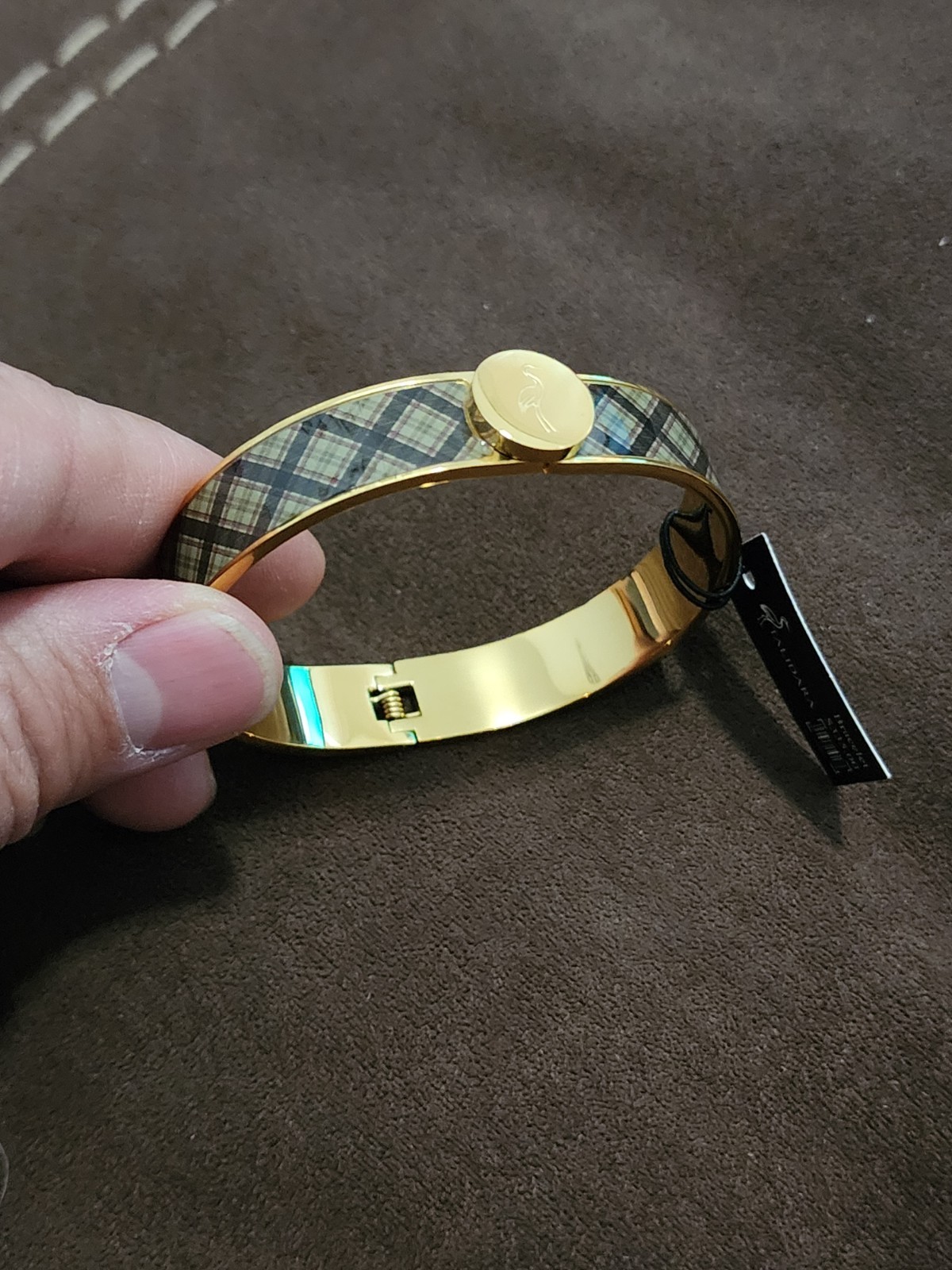 Talidara Gold Tone Plaid Bangle Bracelet w/ Bird Charm Snap Closure Black