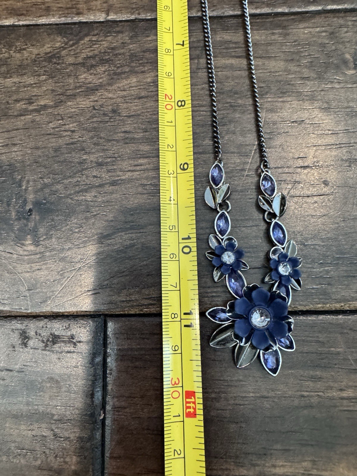 Blue Flower Enamel Charm Pendant Necklace Crystal Accents Silver Tone Adjustable