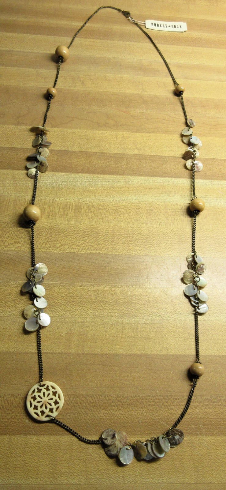 NEW ROBERT ROSE Bronze tone metal 39″ brown off white tan chunky bead Necklace