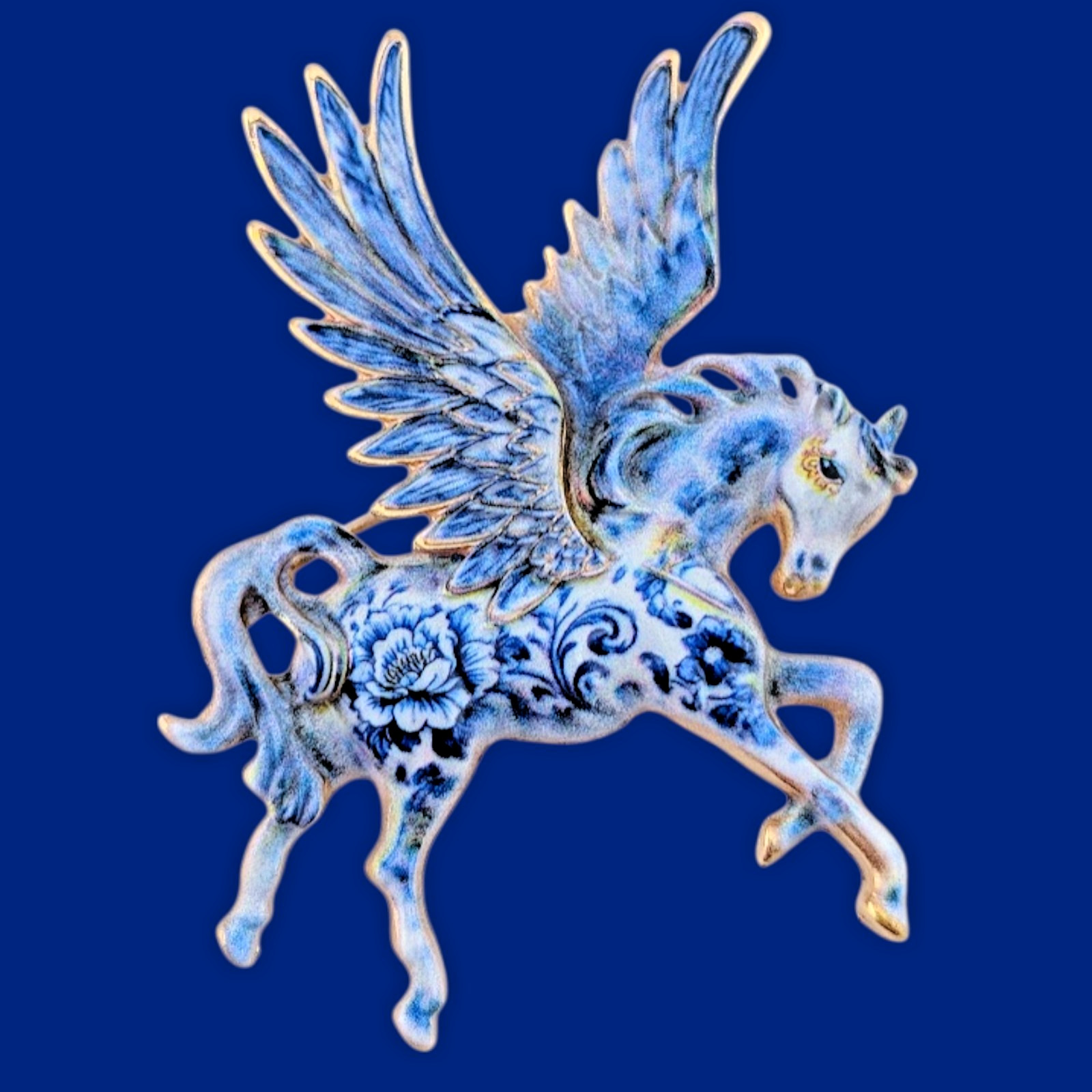 DELFT BLUE CHINA-PRINT PEGASUS BROOCH metal enamel flying horse pin unicorn H1