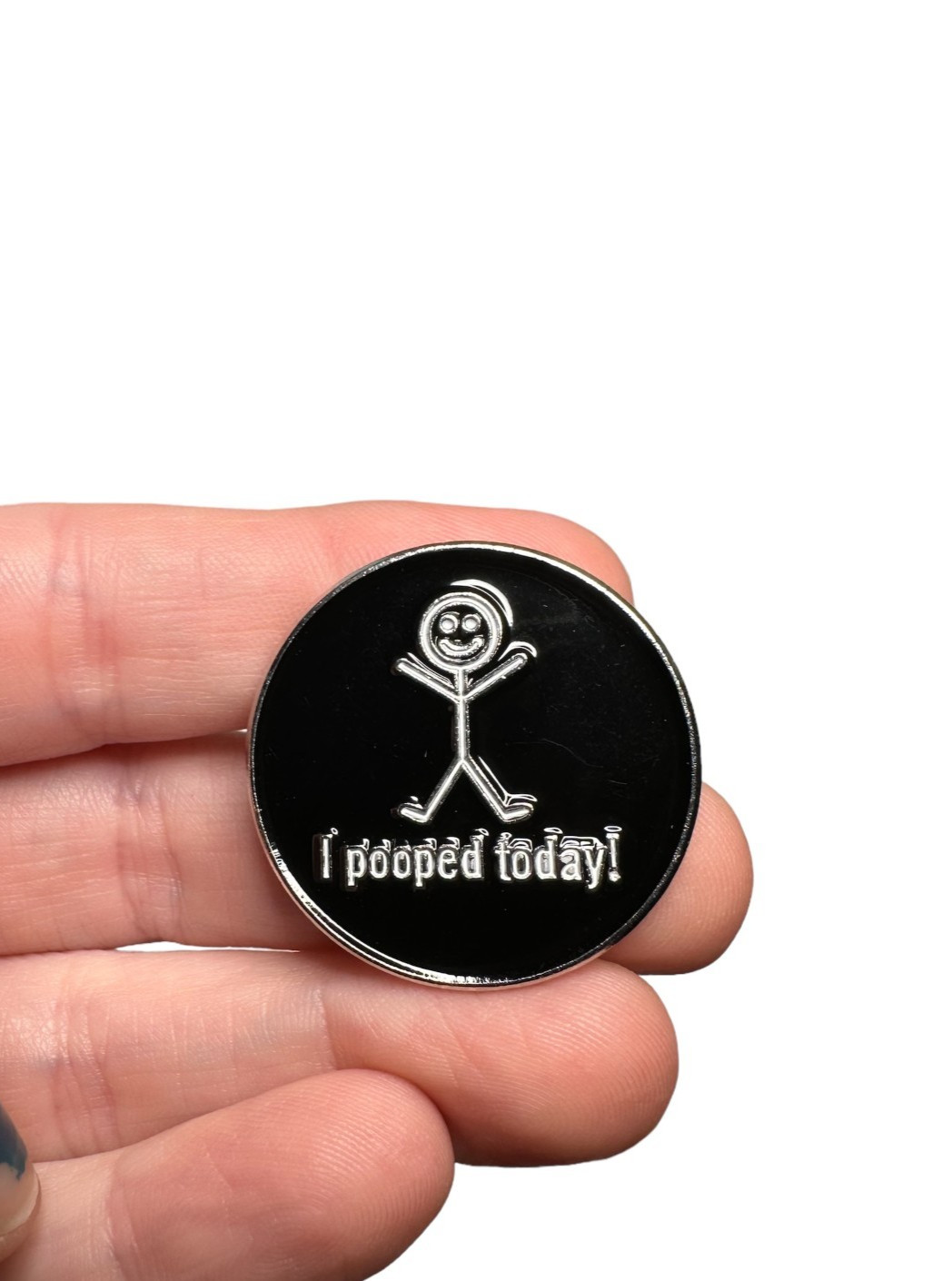I Pooped Today Black Enamel Pin – Stick Figure Gag Gift