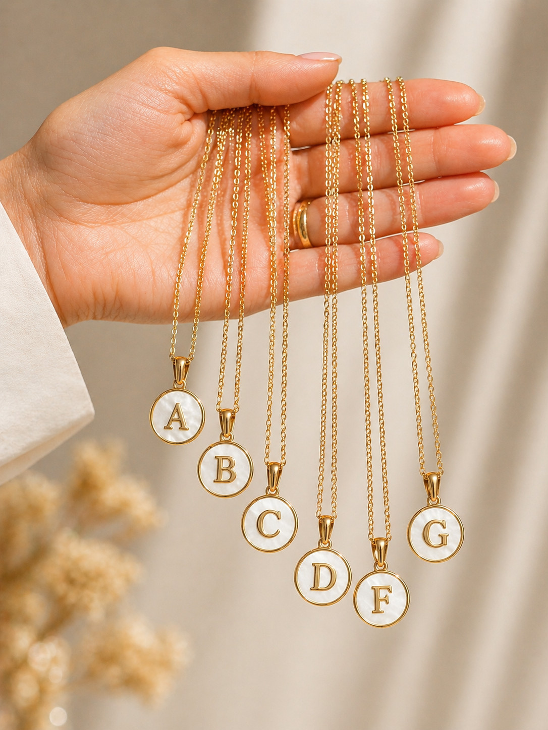 Gold Initial Letter Necklace Shell Pendant Hypoallergenic Nickel Free