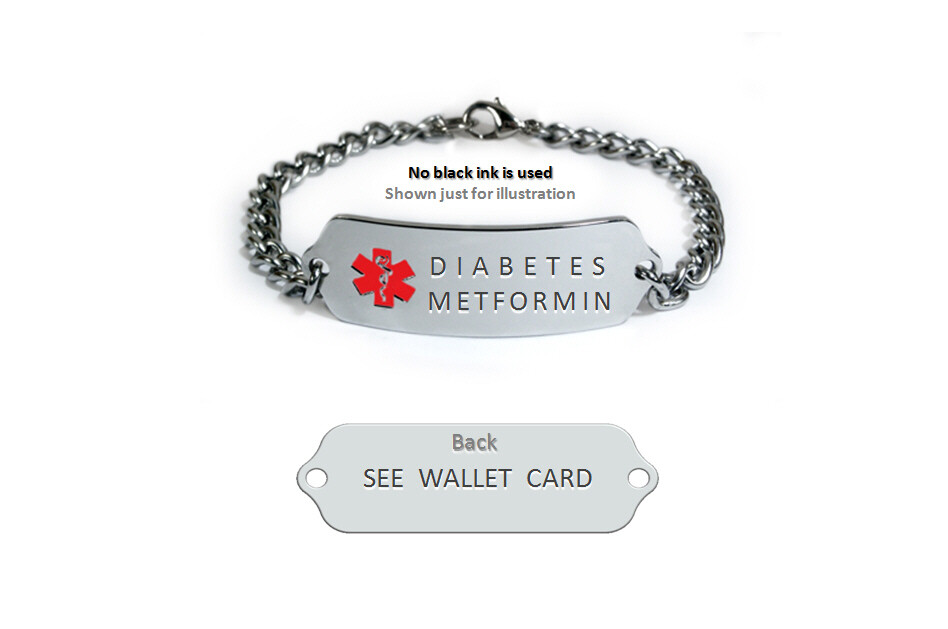DIABETES METFORMI Medical Id Alert Bracelet. Free medical Emergency Card.