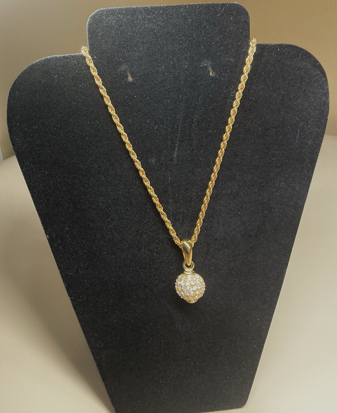 Crystal Encrusted Ball Pendant Orb Sphere Gold Tone Long Necklace Rope Chain 24”