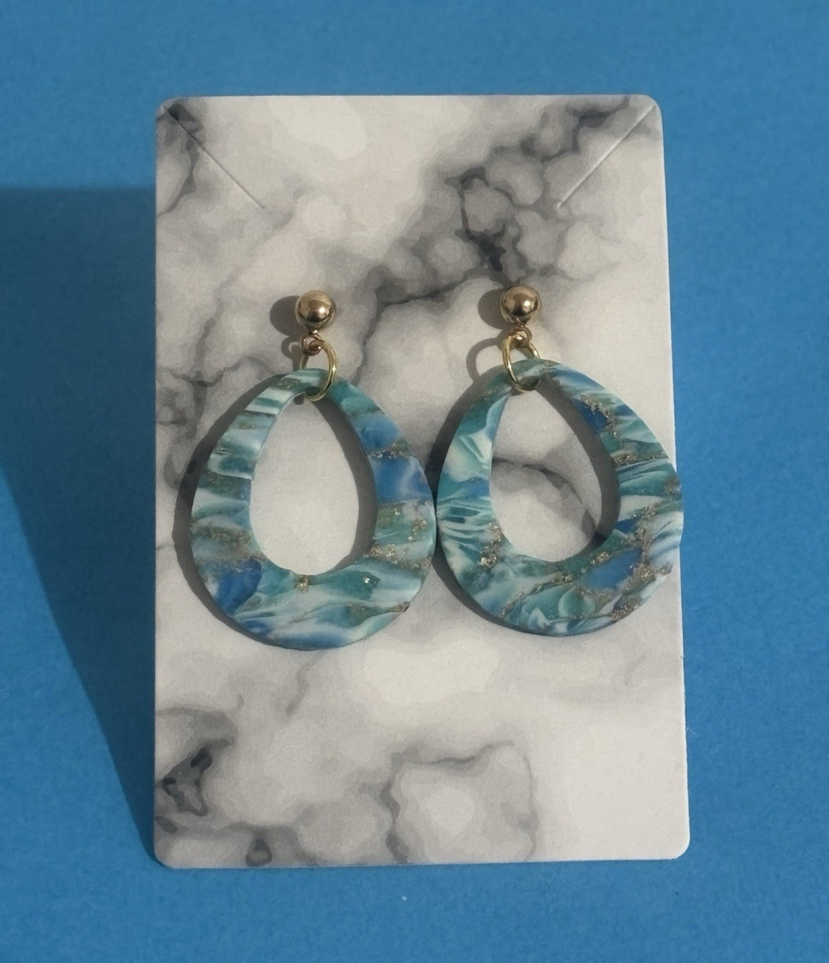 Handmade Blue Oval Dangle Drop Earrings Gold Flakes