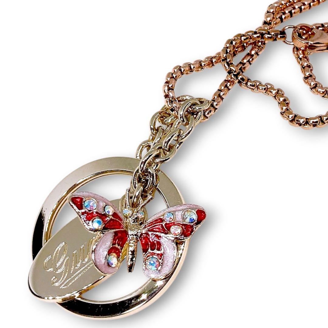 GUCCI Butterfly Charm Gold-tone Rhinestone Red Pink Third Party Chain: 23.6 in.
