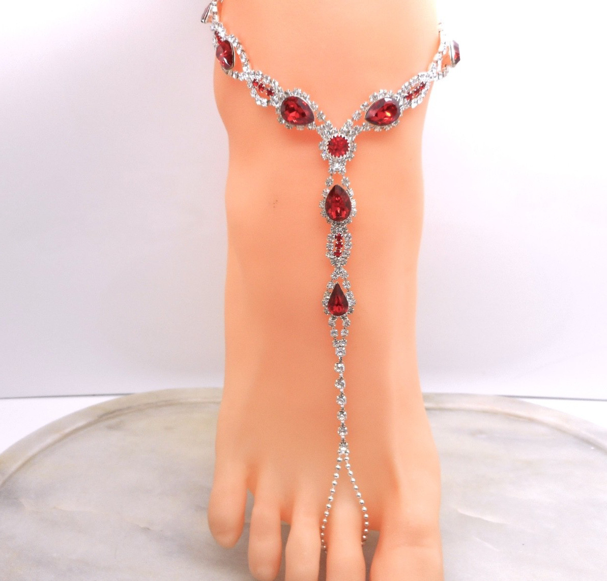 Slave Anklet Attached Toe Ring One Ankle Bracelet Silver Plated Deep Red Crystal