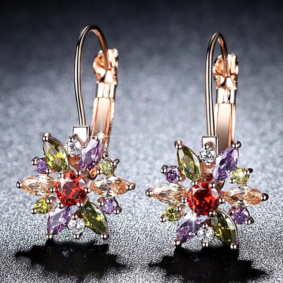 MULTI COLOUR GOLD FILLED FLOWER HOOP EARRINGS MADE WITH SWAROVSKI CRYSTALS HE16