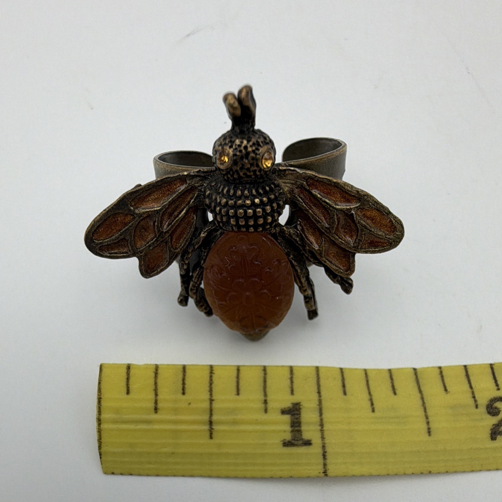Bronze Tone Bee Adjustable Cuff Ring Brown Bead Metal Animals & Insects