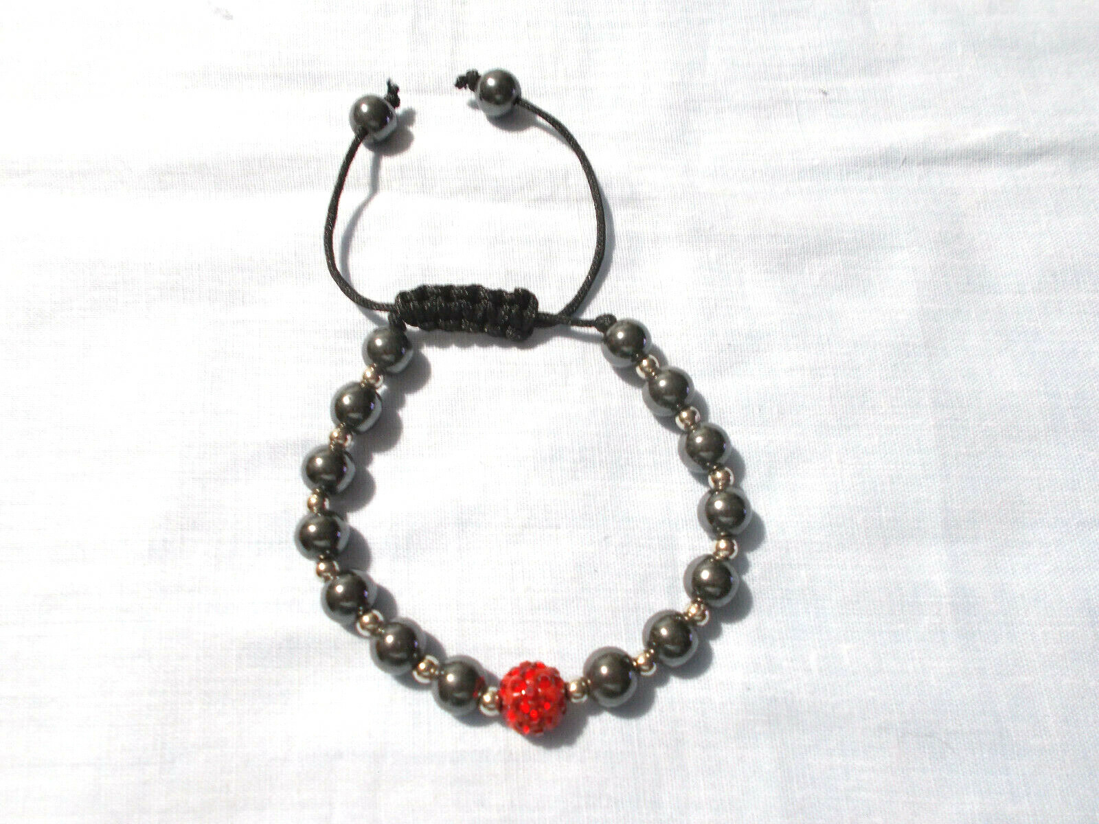 GRAY BLACK HEMATITE BEADS and RED CRYSTAL DISCO BALL ADJUSTABLE CORD BRACELET