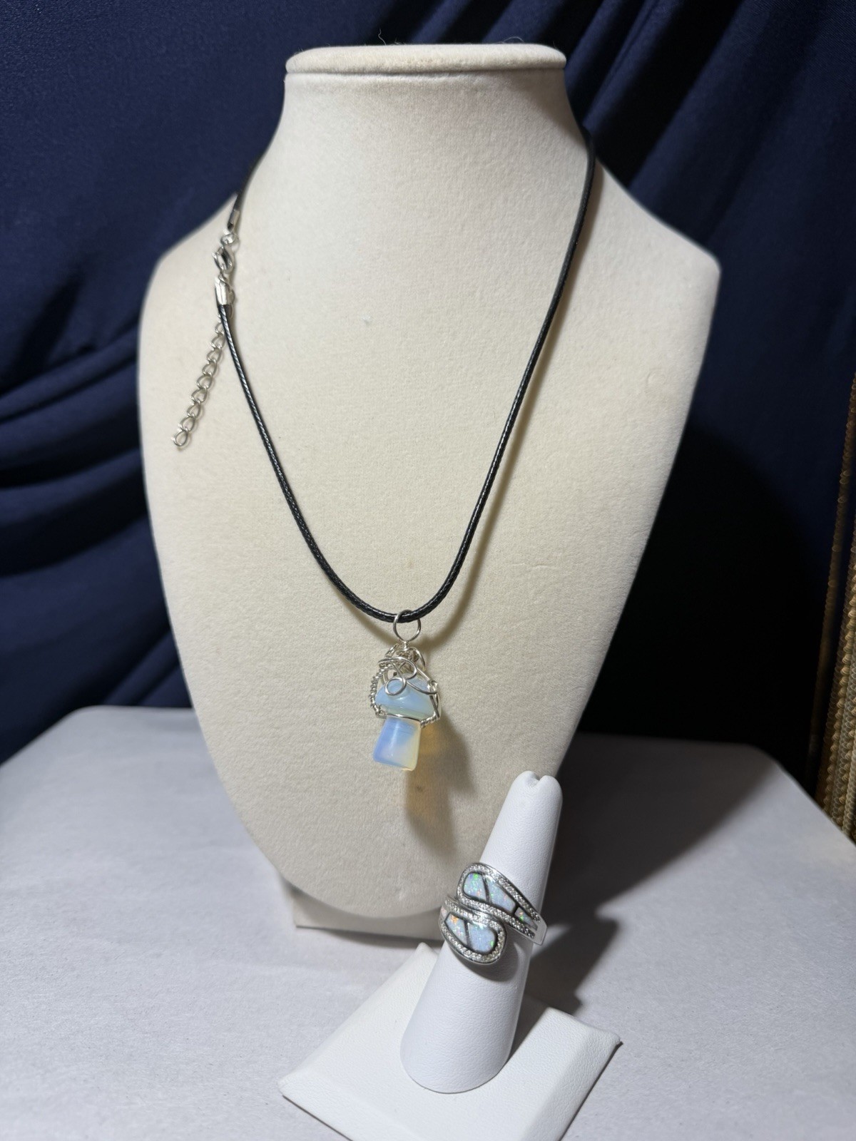 Wire Wrapped Opalite Mushroom Necklace & Inlaid White Fire Opal Bypass Ring Set