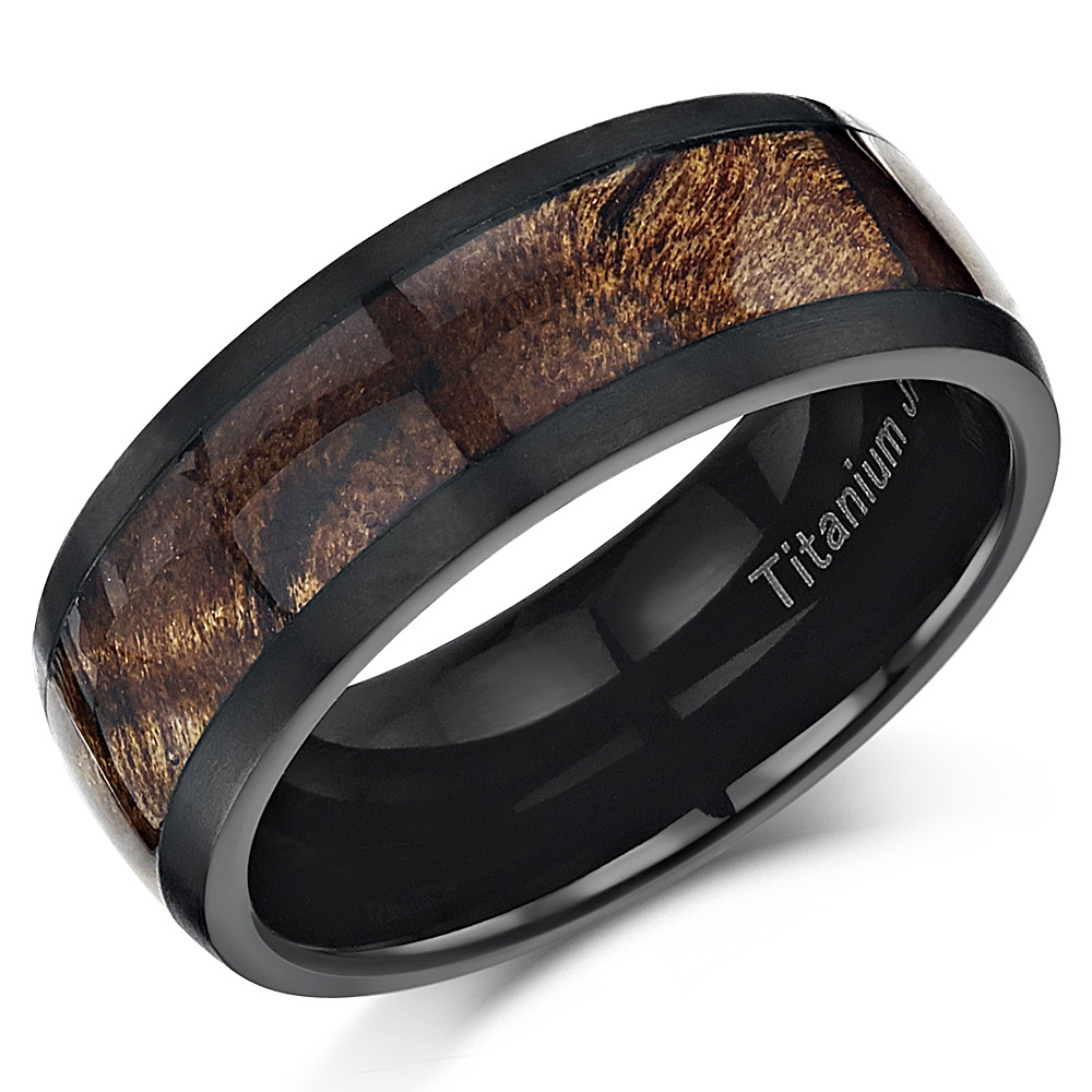 Black Titanium Wedding Ring Band with Genuine Koa Wood Inlay 6mm/8mm
