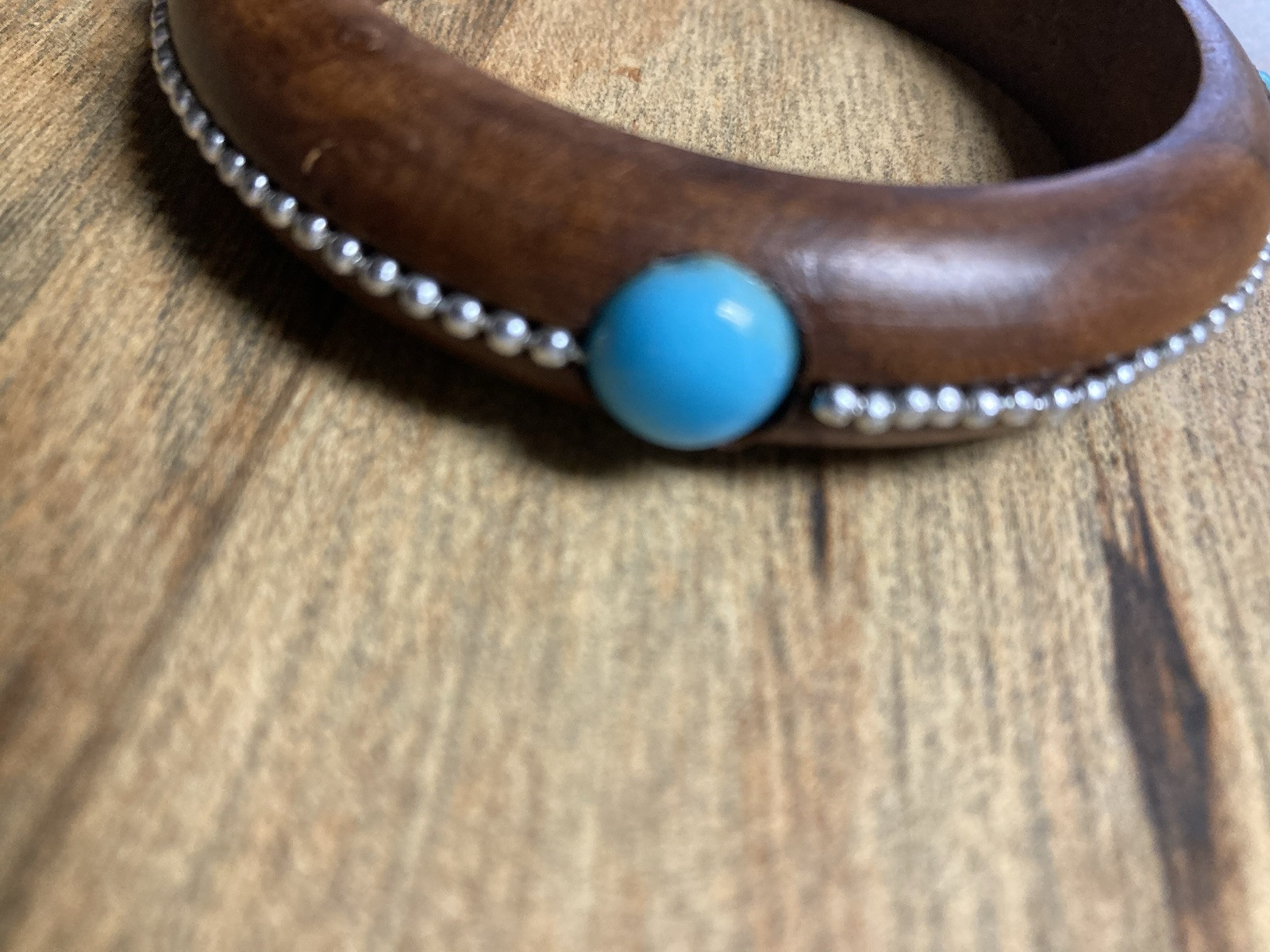 Wood Bangle Bracelet with Silver Color Beads All Around and 4 Turq Color Stones