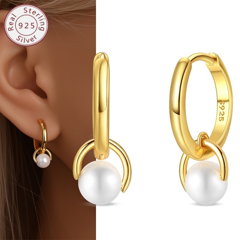 PANDACH Sterling Silver White Pearl Drop Dangle Earrings Elegant Pearl Earrings