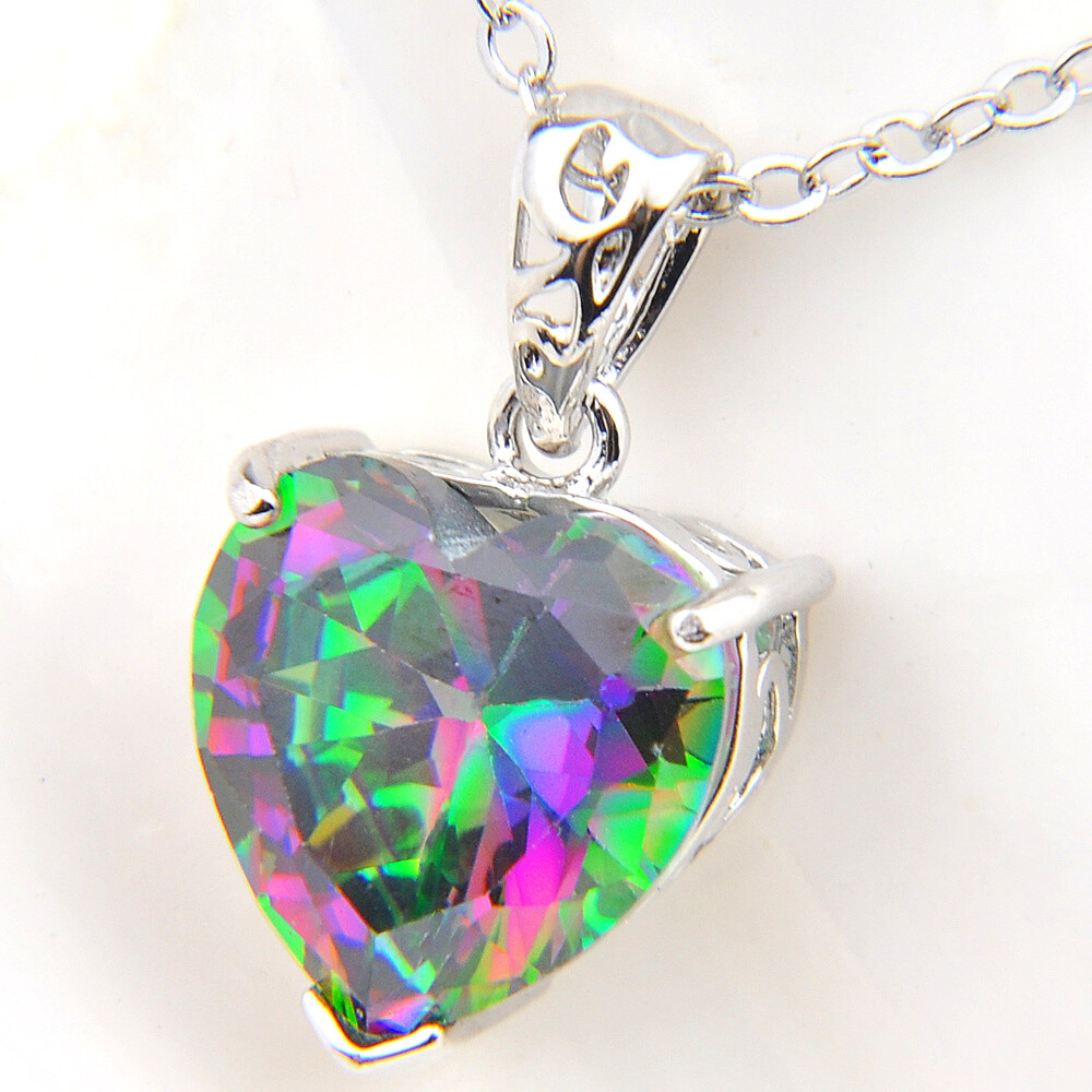 New Rainbow Fire Mystic Topaz Lovely Heart Shape Gmestone Women Silver Necklace