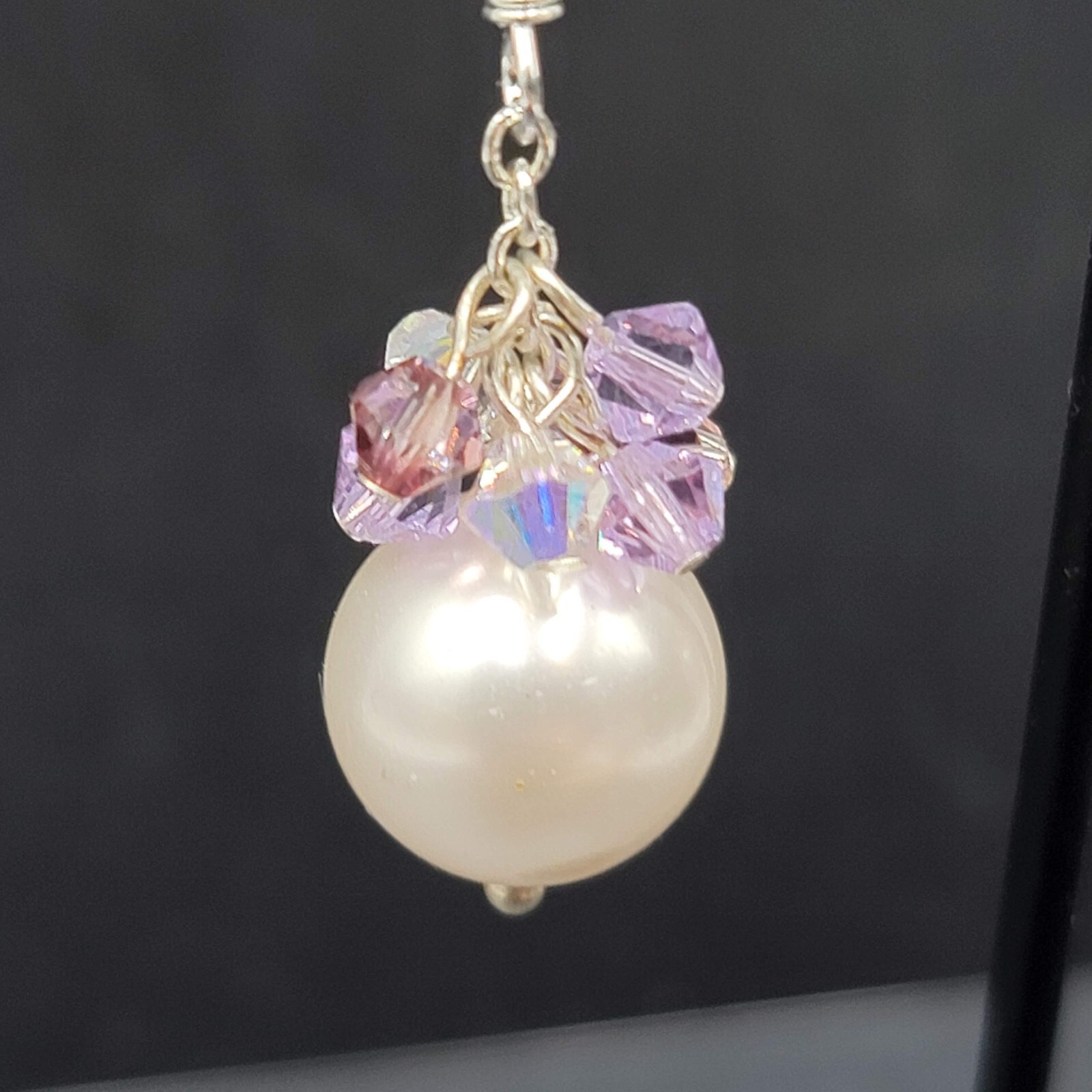 Pierced Earrings Purple Crystal Faux Pearl Beaded Dangle 1″