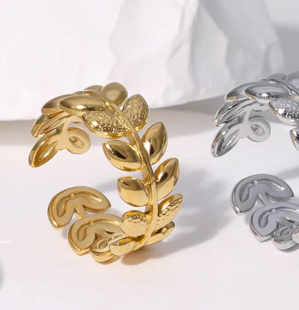 Leaf Olive Branch Open Ring Stainless Steel Adjustable 18K Gold Plated Minimalis