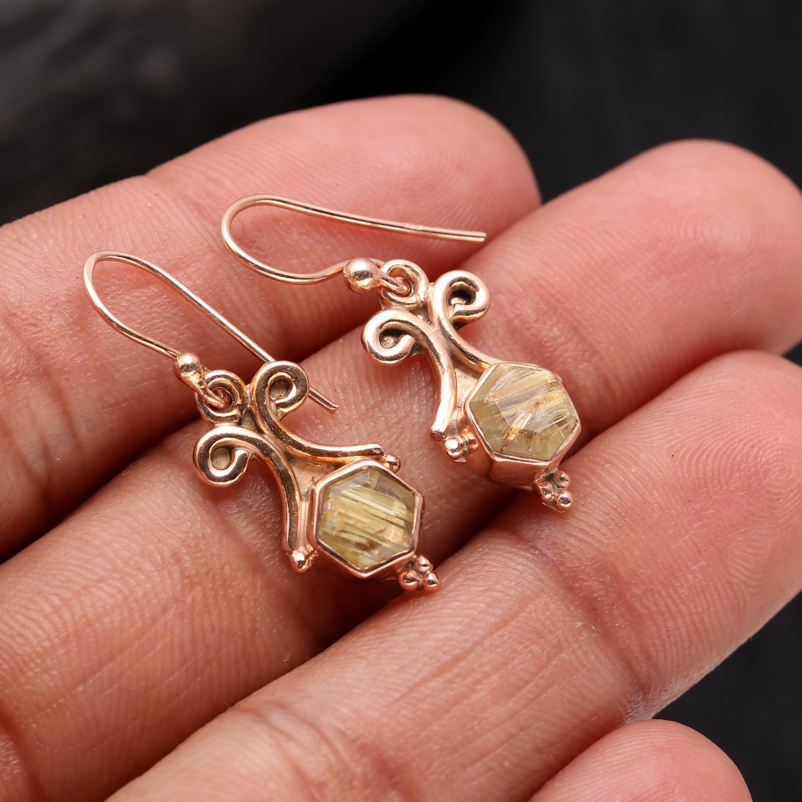 Natural Golden Rutile Hexagon Dangle Earring Rose Gold Fill Solid Silver Jewelry