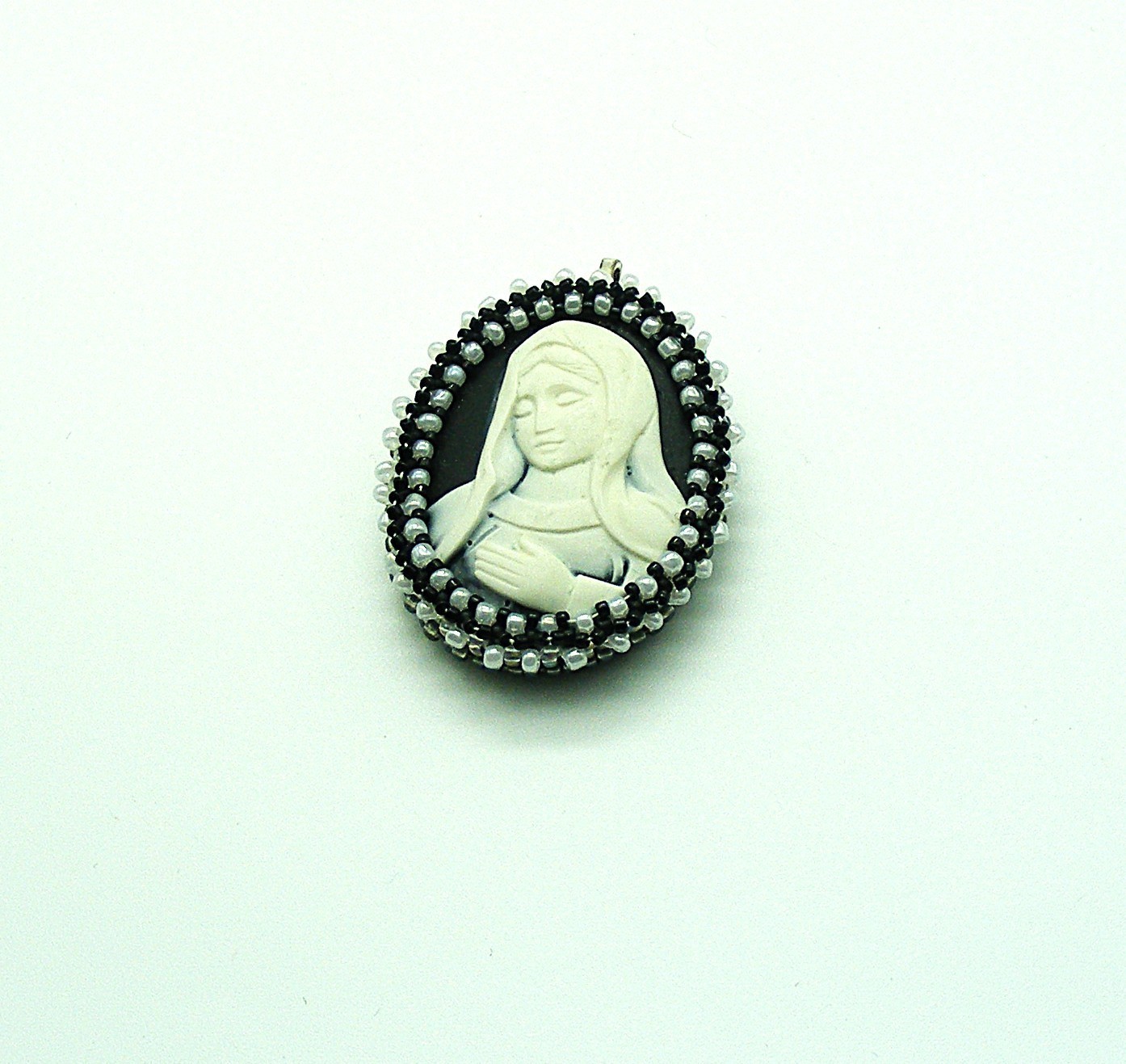 Woman, Pearl Beading, No Chain, Chain Holder, Black Background, 1 1/4 x 1 3/4
