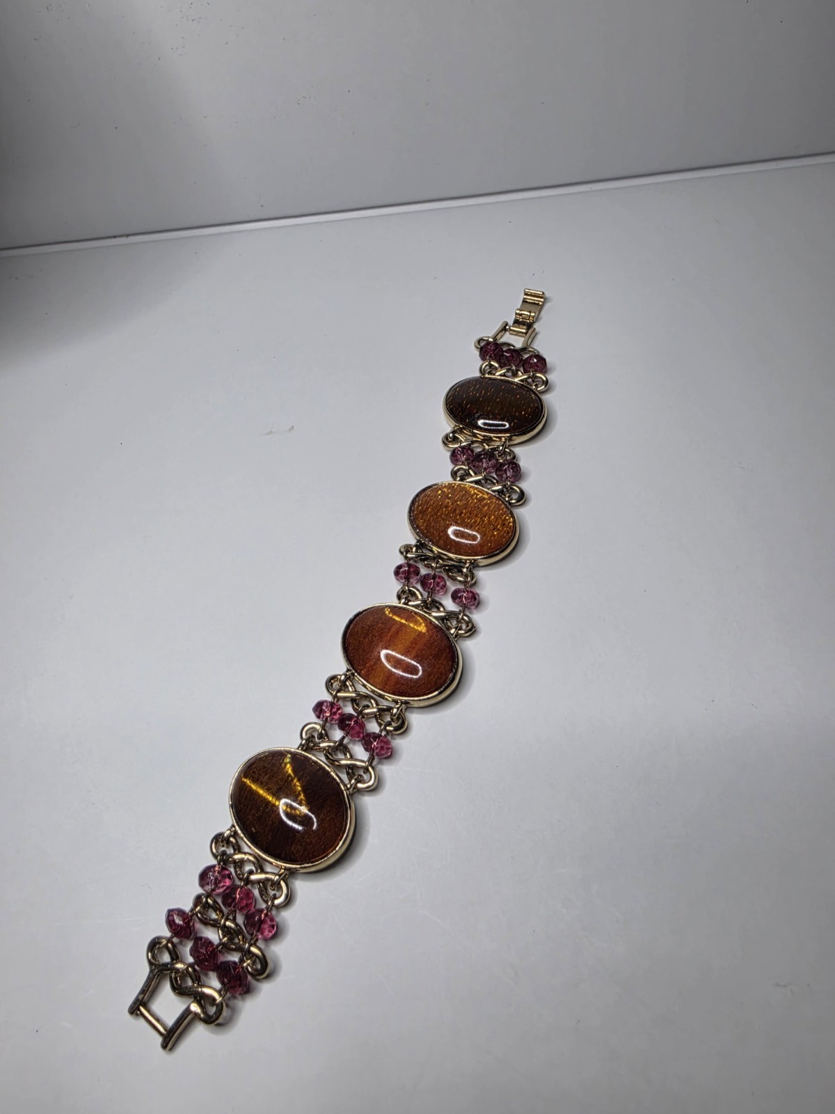 Vintage Gold Tone Amber Colour and Pinkish Colour Stones, Costume Jewellery