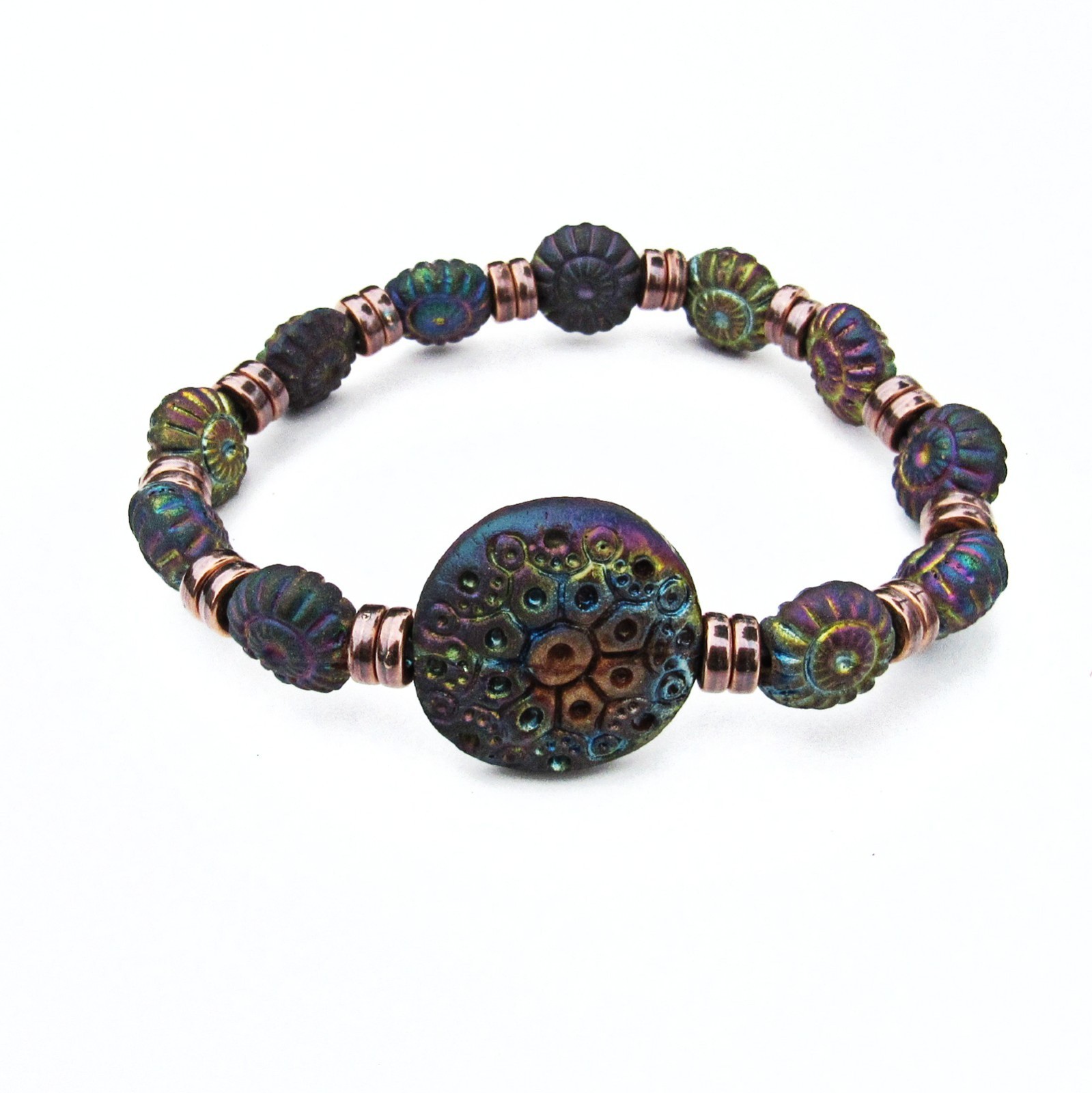 6.5 inches Rainbow Clay Stretch Bracelet Copper Plated Pewter Beads, Handmade