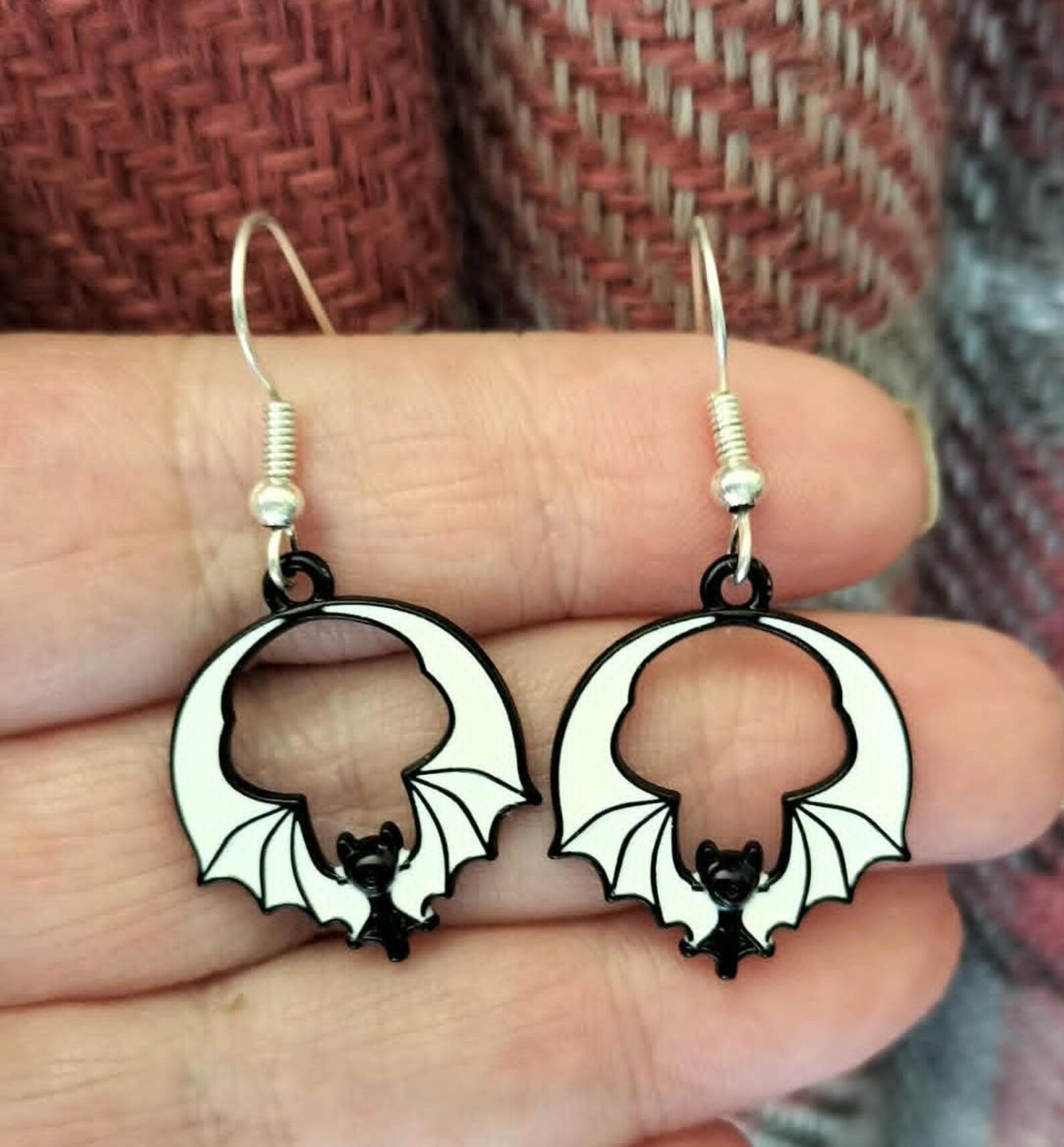 Black and White Enamel Bat Dangle Drop Earrings Women Lobes Goth Alternative