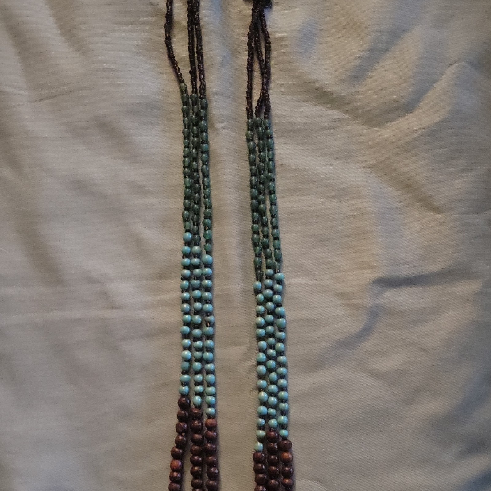 Multi-Strand Blue & Brown Wood Beaded Necklace, Lobster Clasp
