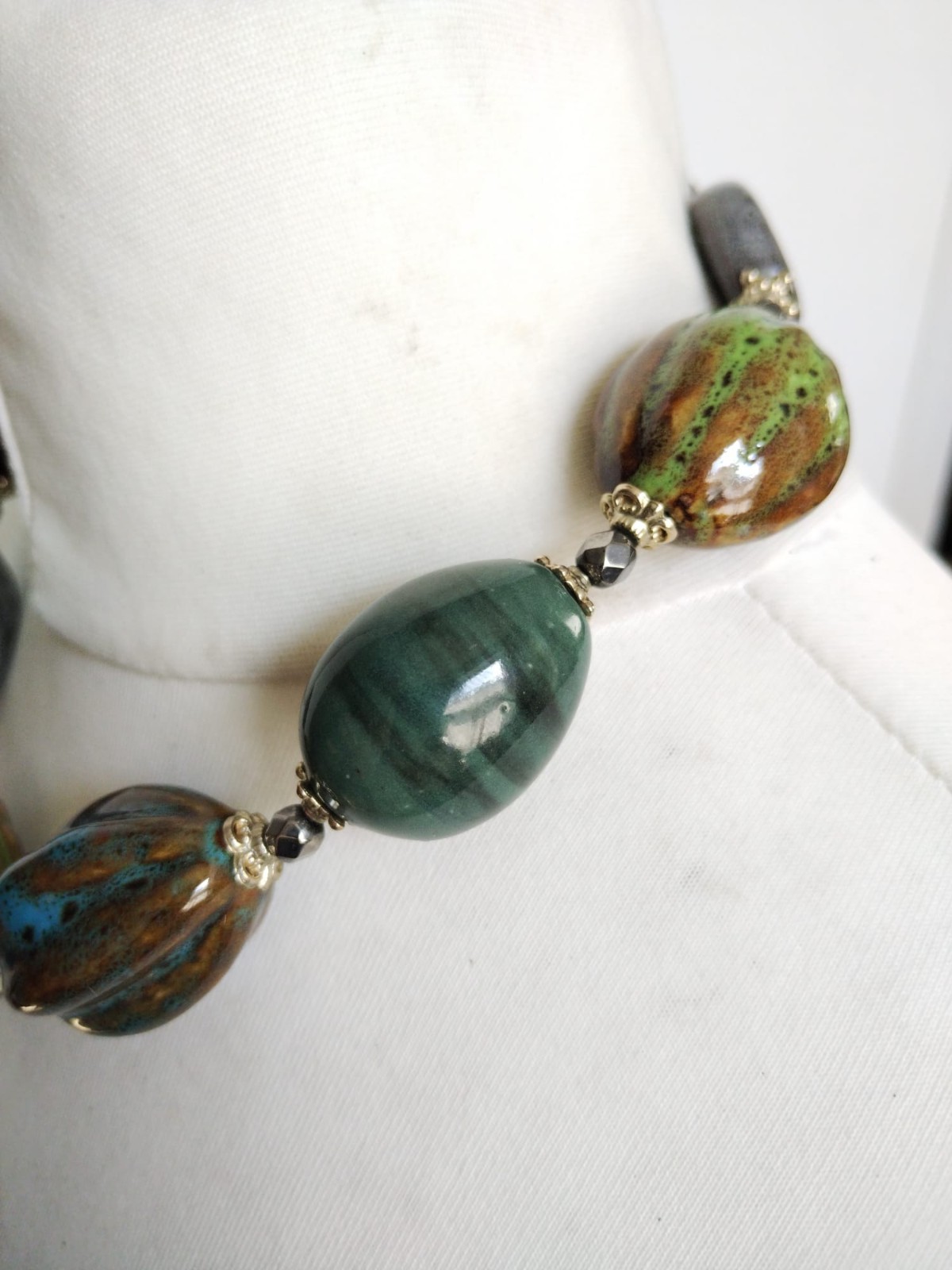 Chunky Glazed Ceramic Mixed Shapes Beaded Statement Necklace, blue green brown