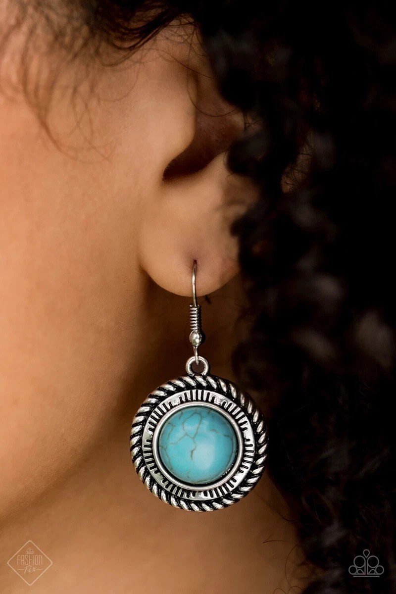 Paparazzi Silver Tone Round Blue Turquoise Bezel Dangle/Drop Hook Earrings