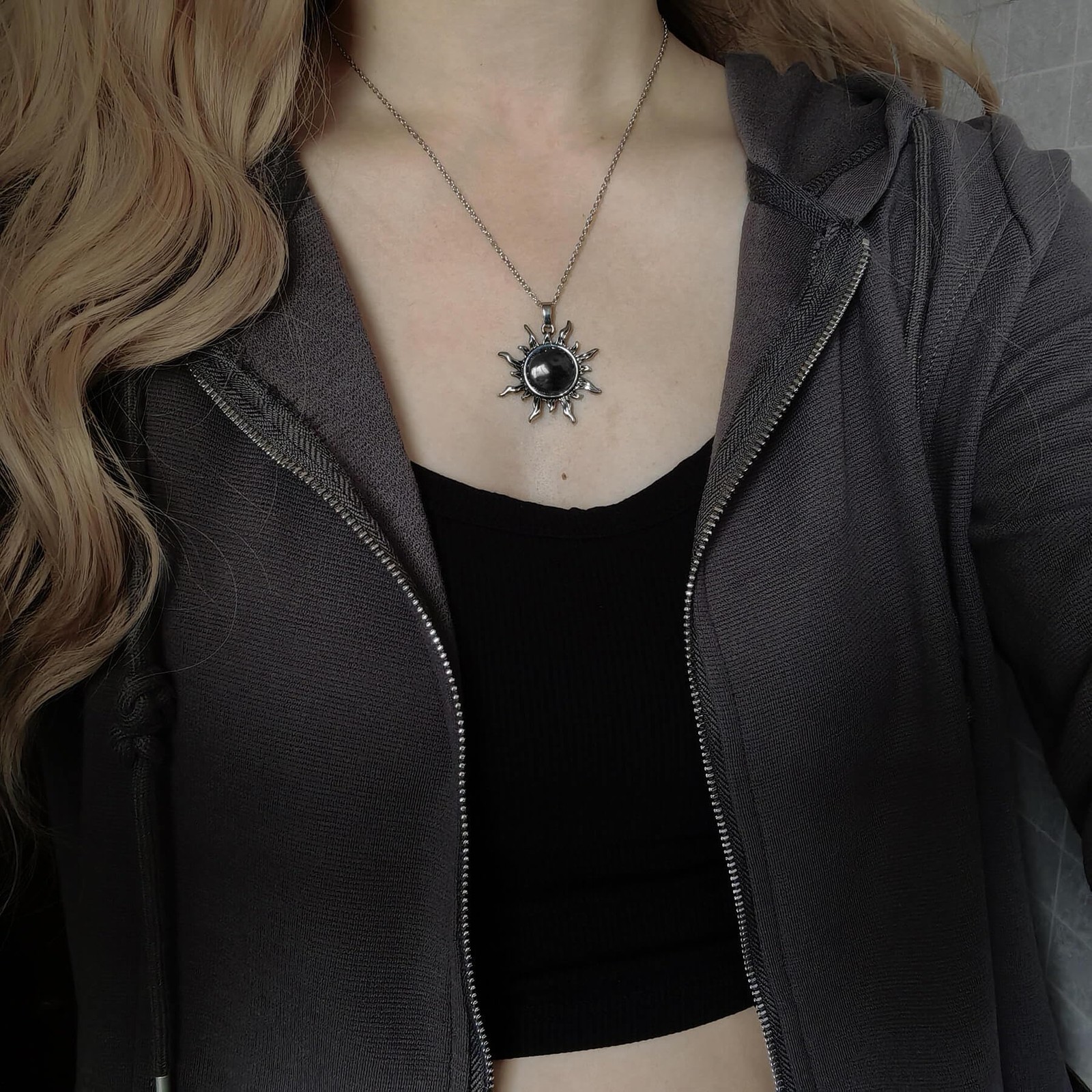 Obsidian Necklace, Natural Gemstone Sun Necklace for Women, Black Obsidian Ne…